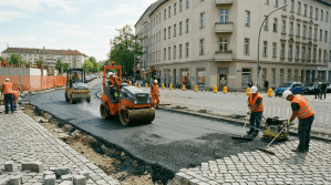 Workers laying cobblestones and asphalt on a city street under construction